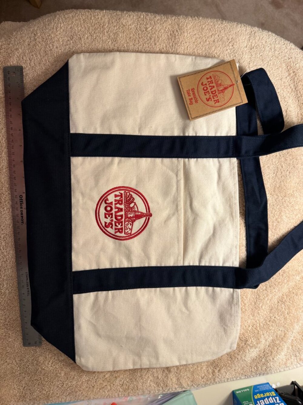 Trader Joe’s Reusable Canvas Tote Bag Cream Navy Embroidered Logo Grocery NWT